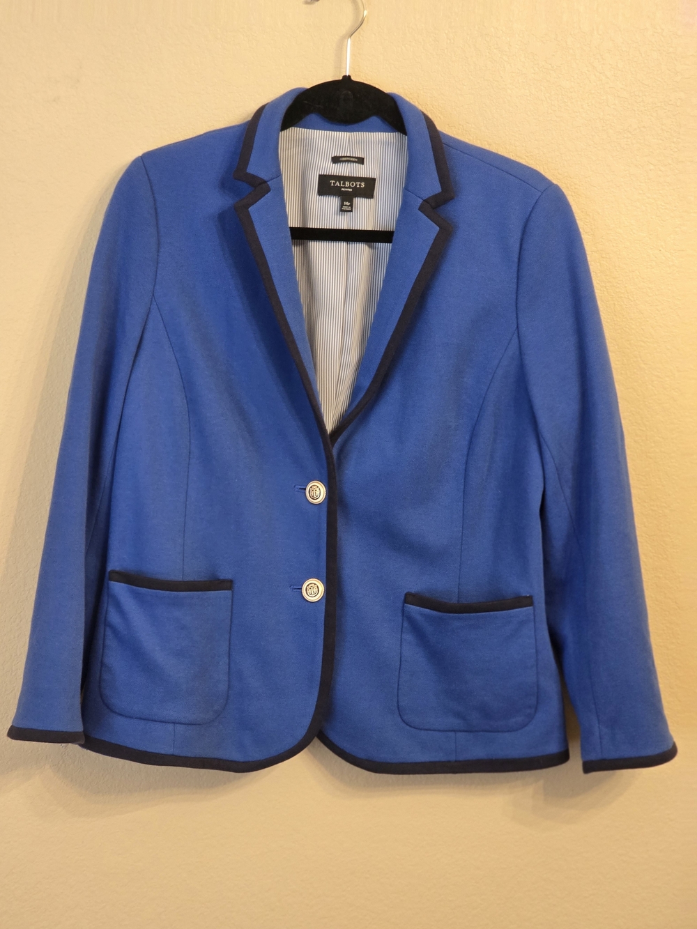 Talbots Royal Blue Aberdeen Pique Knit Blazer with Navy Trim Size 14 Petite